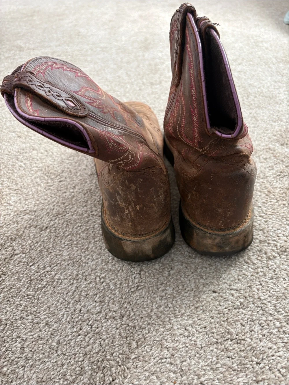 Justin Brown Leather Western‎ Work Boots Pink Stitching Cowgirl 9B WKL9980